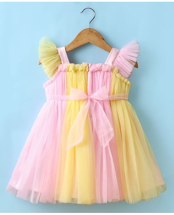 Babyhug Woven Frill Sleeves Mesh Party Dress with Booties Bow Applique & Sequin Detailing - Yellow