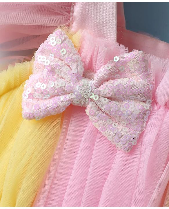 Babyhug Woven Frill Sleeves Mesh Party Dress with Booties Bow Applique & Sequin Detailing - Yellow