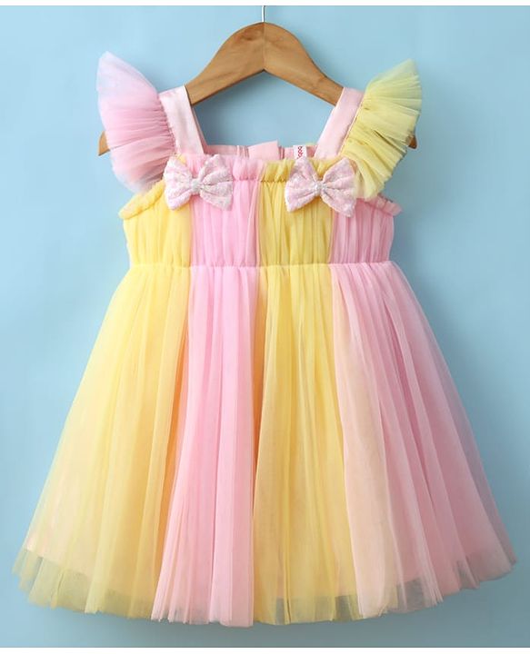 Babyhug Woven Frill Sleeves Mesh Party Dress with Booties Bow Applique & Sequin Detailing - Yellow