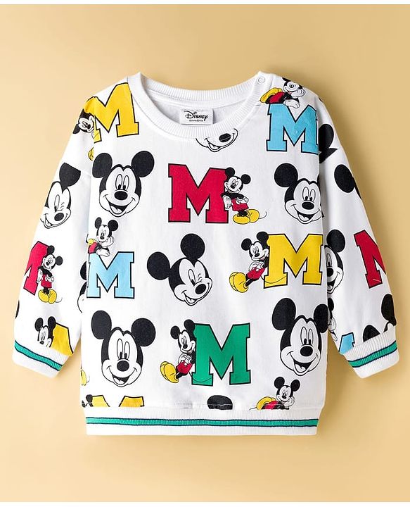 Babyhug Disney Terry Knit Drop Shoulder Full Sleeves Sweatshirts with Mickey and Friends Graphic Pack of 2 - Green & White