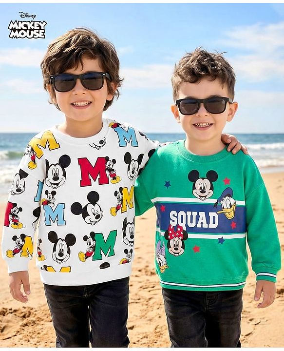 Babyhug Disney Terry Knit Drop Shoulder Full Sleeves Sweatshirts with Mickey and Friends Graphic Pack of 2 - Green & White