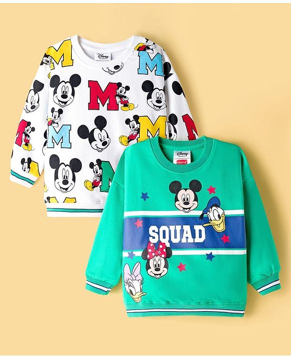 Babyhug Disney Terry Knit Drop Shoulder Full Sleeves Sweatshirts with Mickey and Friends Graphic Pack of 2 - Green & White