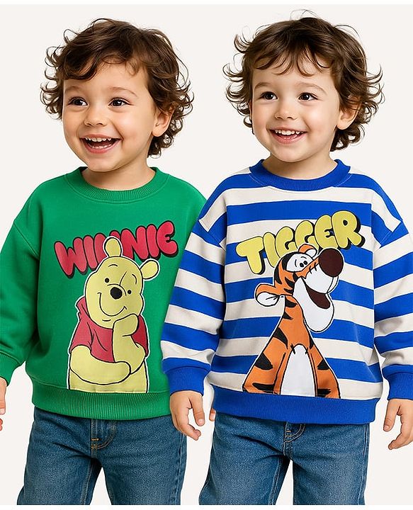Babyhug Disney Terry Knit Full Drop Shoulder Sleeves Sweatshirts With Winnie & Friends Graphics Pack of 2 - Green & Blue