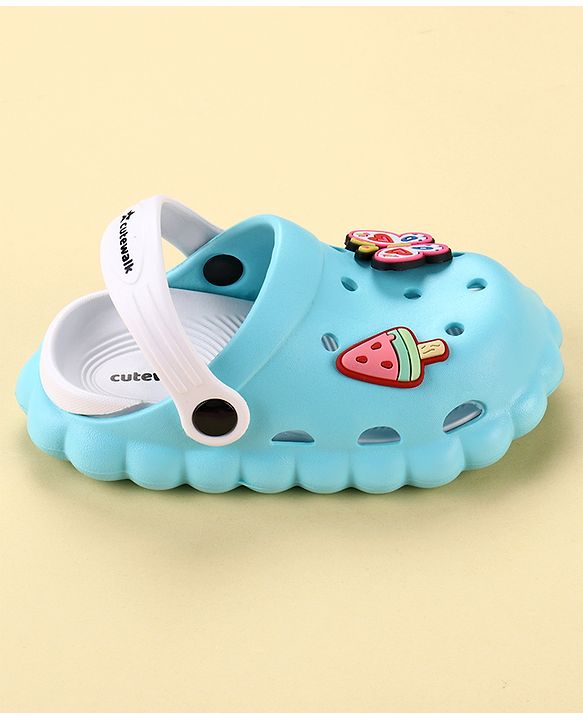 Cute Walk by Babyhug Back Strap Closure Clogs with Butterfly & Ice Cream Applique- Blue