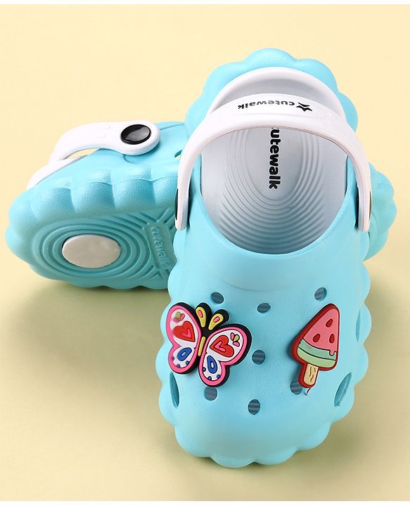 Cute Walk by Babyhug Back Strap Closure Clogs with Butterfly & Ice Cream Applique- Blue
