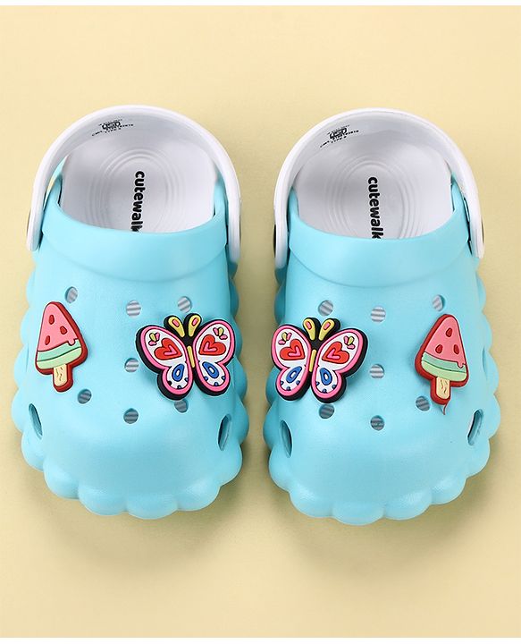 Cute Walk by Babyhug Back Strap Closure Clogs with Butterfly & Ice Cream Applique- Blue