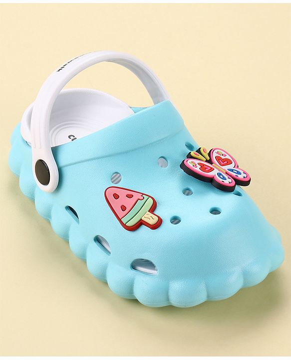 Cute Walk by Babyhug Back Strap Closure Clogs with Butterfly & Ice Cream Applique- Blue