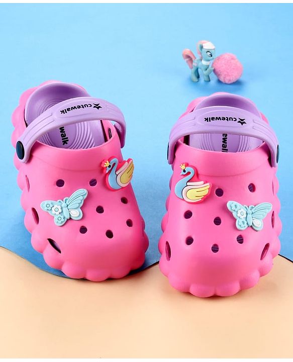 Cute Walk by Babyhug Back Strap Closure Clogs with Butterfly & Peacock Applique - Pink
