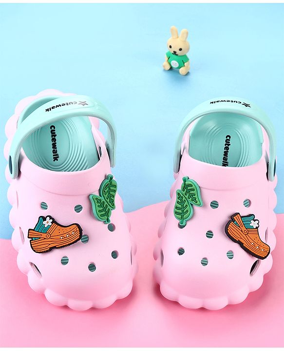 Cute Walk by Babyhug Back Strap Closure Clogs with Leaves  Applique - Pink