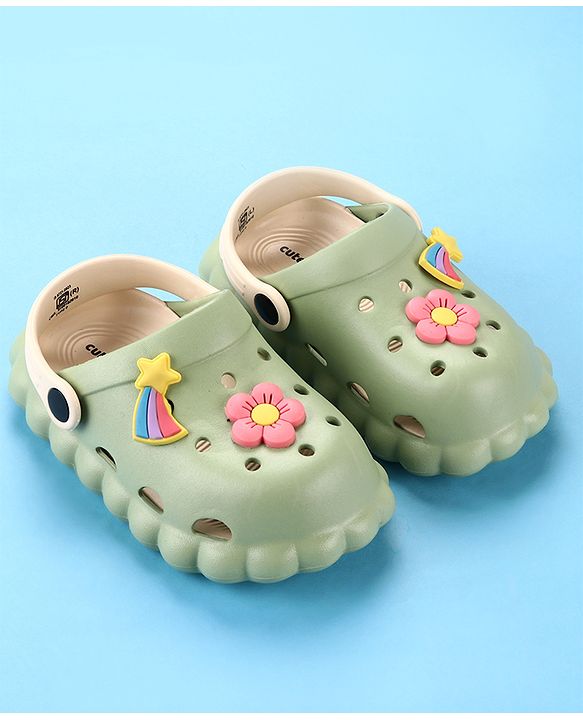 Cute Walk by Babyhug Back Strap Closure Clogs with Floral & Star Applique - Mint Green