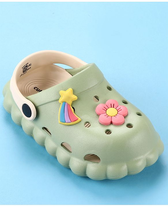 Cute Walk by Babyhug Back Strap Closure Clogs with Floral & Star Applique - Mint Green