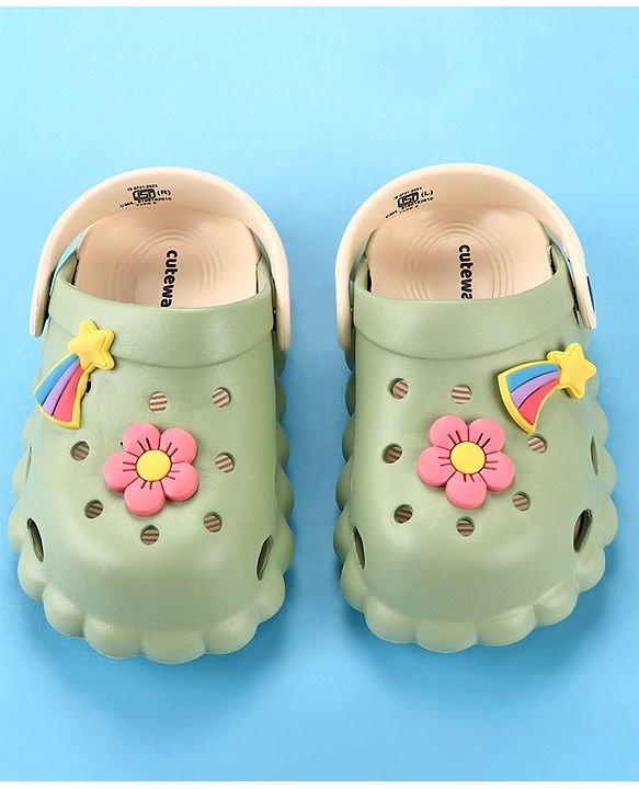 Cute Walk by Babyhug Back Strap Closure Clogs with Floral & Star Applique - Mint Green