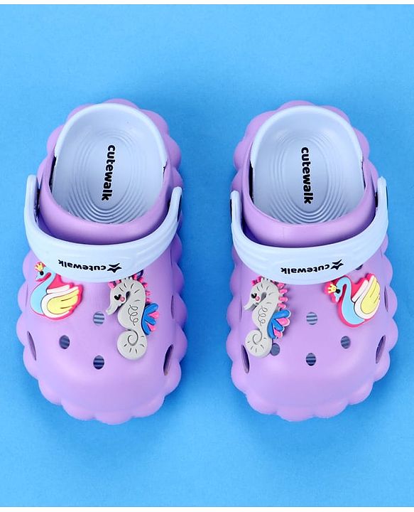 Cute Walk by Babyhug Back Strap Closure Clogs with Duck & Seahorse Applique - Purple