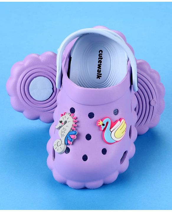Cute Walk by Babyhug Back Strap Closure Clogs with Duck & Seahorse Applique - Purple