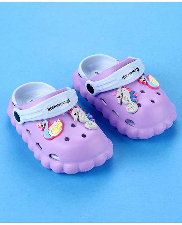Cute Walk by Babyhug Back Strap Closure Clogs with Duck & Seahorse Applique - Purple