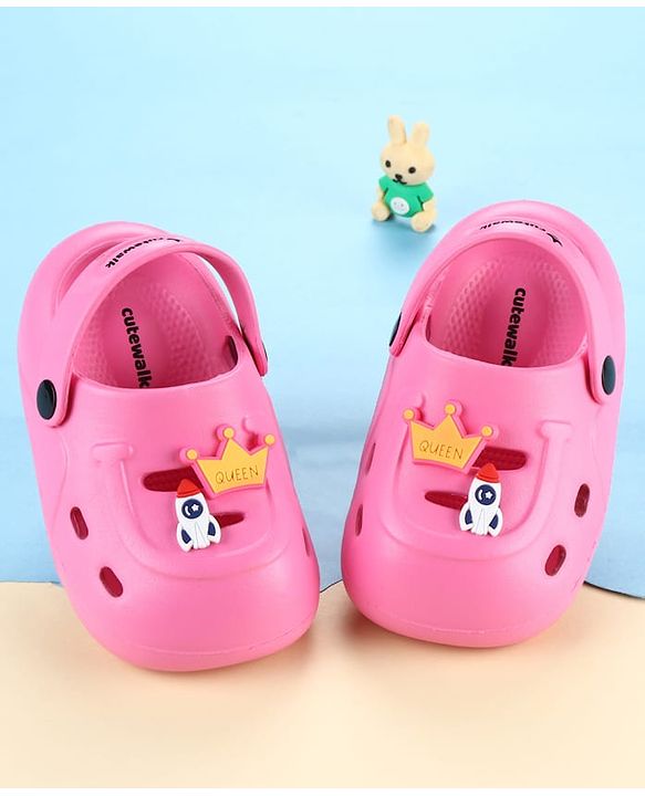 Cute Walk by Babyhug Slip On Clogs With Crown & Rocket Applique - Pink