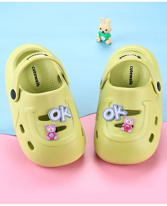 Cute Walk by Babyhug Back Strap Closure Clogs With Teddy Bear Applique - Lime Green