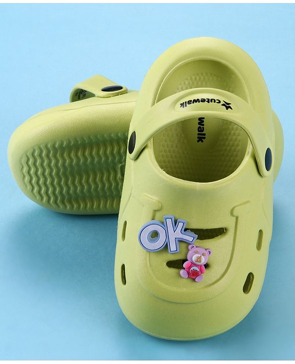 Cute Walk by Babyhug Back Strap Closure Clogs With Teddy Bear Applique - Lime Green
