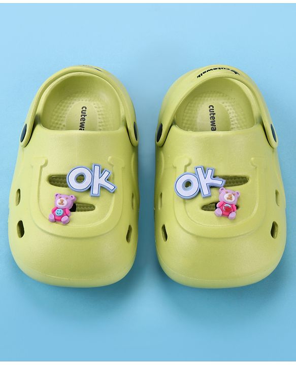 Cute Walk by Babyhug Back Strap Closure Clogs With Teddy Bear Applique - Lime Green