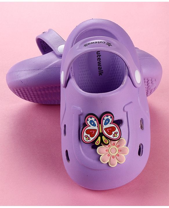 Cute Walk by Babyhug Clogs with Floral & Butterfly Applique & Back Strap - Purple
