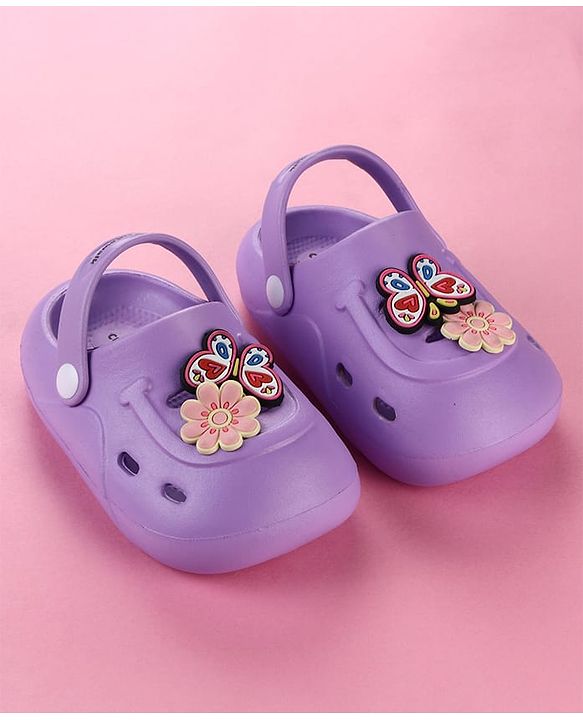 Cute Walk by Babyhug Clogs with Floral & Butterfly Applique & Back Strap - Purple