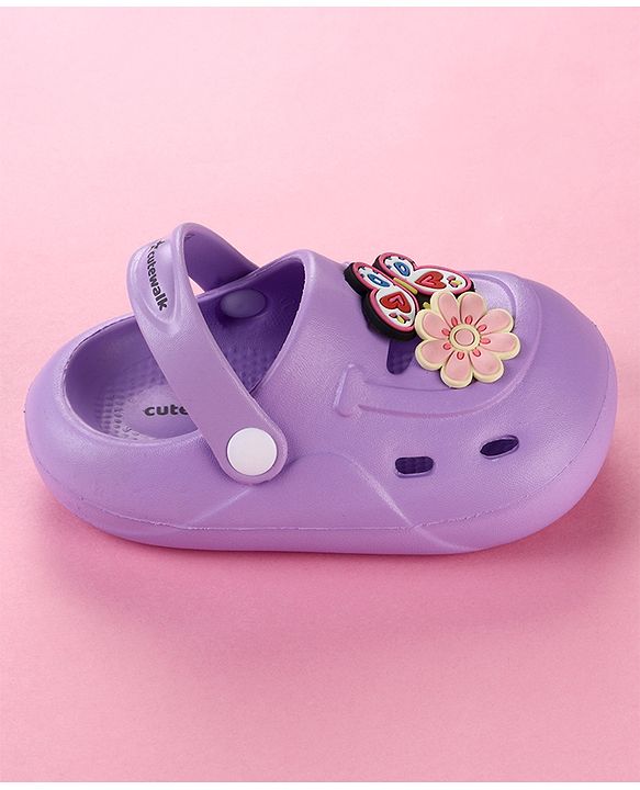 Cute Walk by Babyhug Clogs with Floral & Butterfly Applique & Back Strap - Purple