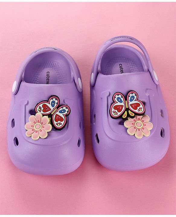 Cute Walk by Babyhug Clogs with Floral & Butterfly Applique & Back Strap - Purple