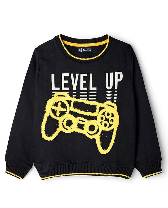 Pine Kids Knit Full Sleeves Sweatshirt With Gaming Print - Black