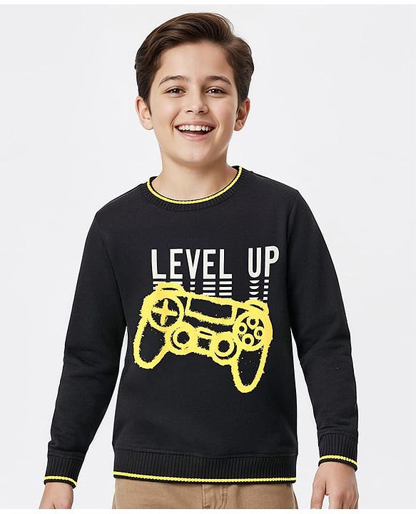 Pine Kids Knit Full Sleeves Sweatshirt With Gaming Print - Black