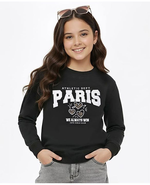 Pine Kids Knit Full Sleeves Sweatshirt with Text Graphic - Black