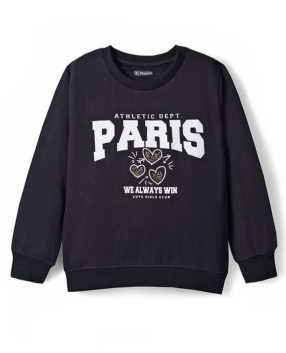Pine Kids Knit Full Sleeves Sweatshirt with Text Graphic - Black