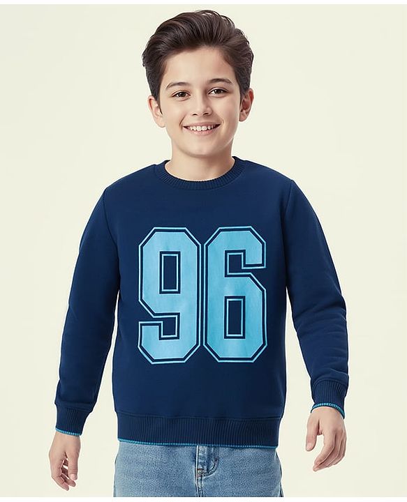 Pine Kids Knit Full Sleeves Sweatshirt With Number Print - Navy Blue