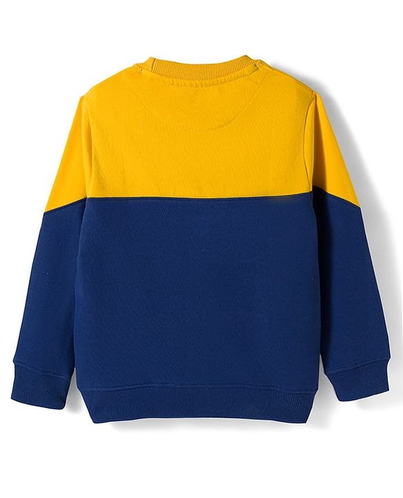 Pine Kids Knit Full Sleeves Cut & Sew Sweatshirt with Text Graphic & Kangaroo Pocket - Navy Blue & Yellow