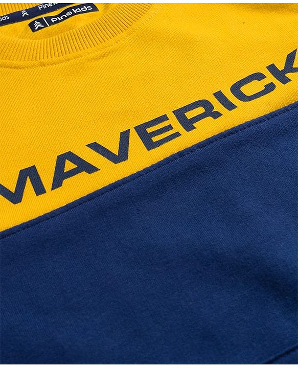 Pine Kids Knit Full Sleeves Cut & Sew Sweatshirt with Text Graphic & Kangaroo Pocket - Navy Blue & Yellow