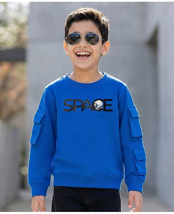 Pine Kids Knit Full Sleeves Sweatshirt With Space Print - Navy Blue