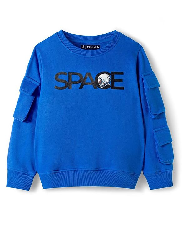 Pine Kids Knit Full Sleeves Sweatshirt With Space Print - Navy Blue