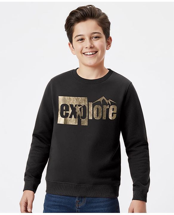 Pine Kids Knit Full Sleeves Sweatshirt With Foil Explore Print - Black