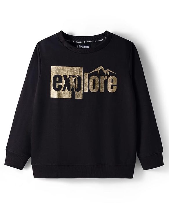 Pine Kids Knit Full Sleeves Sweatshirt With Foil Explore Print - Black