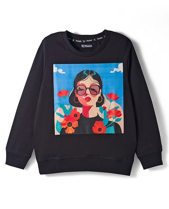 Pine Kids Knit Full Sleeves Sweatshirt with Tropical Theme Print - Black