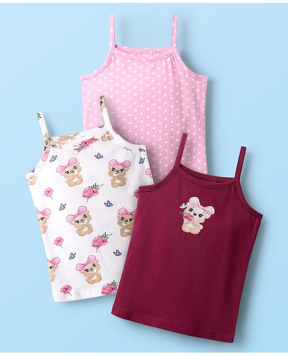 Babyhug 100% Cotton Sleeveless Teddy Bear & Polka Dots Printed Slips Pack Of 3 - Multi Colour