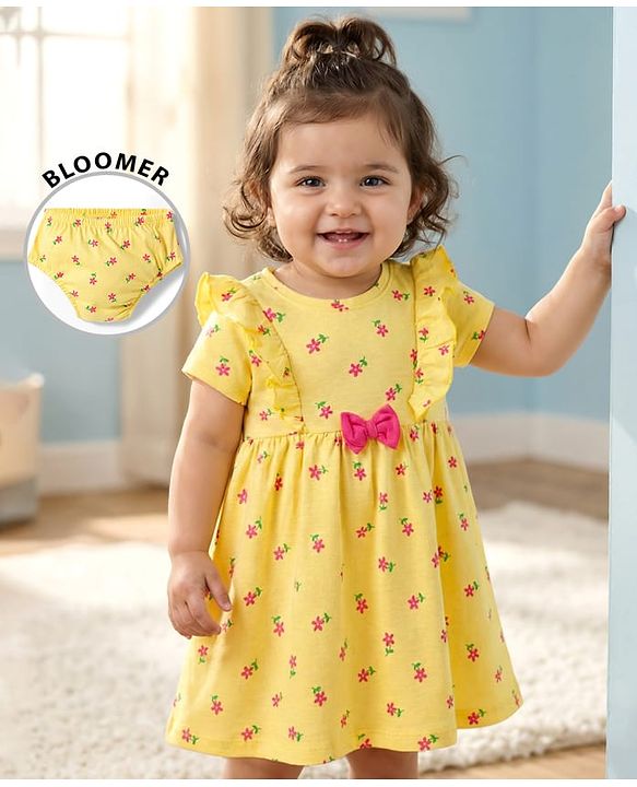 Babyhug Single Jersey Knit Half Sleeves Floral Printed Frock with Bloomer & Bow Applique - Yellow