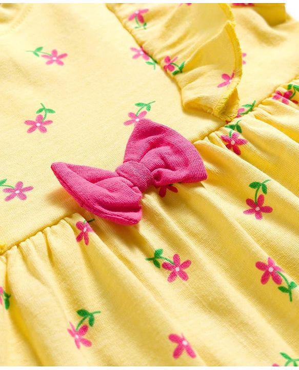 Babyhug Single Jersey Knit Half Sleeves Floral Printed Frock with Bloomer & Bow Applique - Yellow