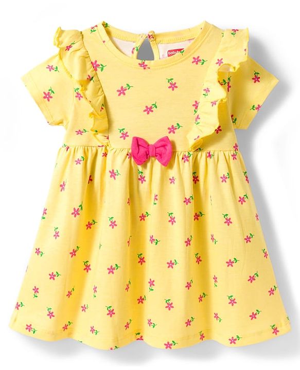 Babyhug Single Jersey Knit Half Sleeves Floral Printed Frock with Bloomer & Bow Applique - Yellow
