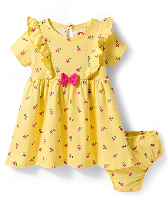 Babyhug Single Jersey Knit Half Sleeves Floral Printed Frock with Bloomer & Bow Applique - Yellow
