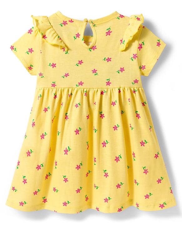 Babyhug Single Jersey Knit Half Sleeves Floral Printed Frock with Bloomer & Bow Applique - Yellow