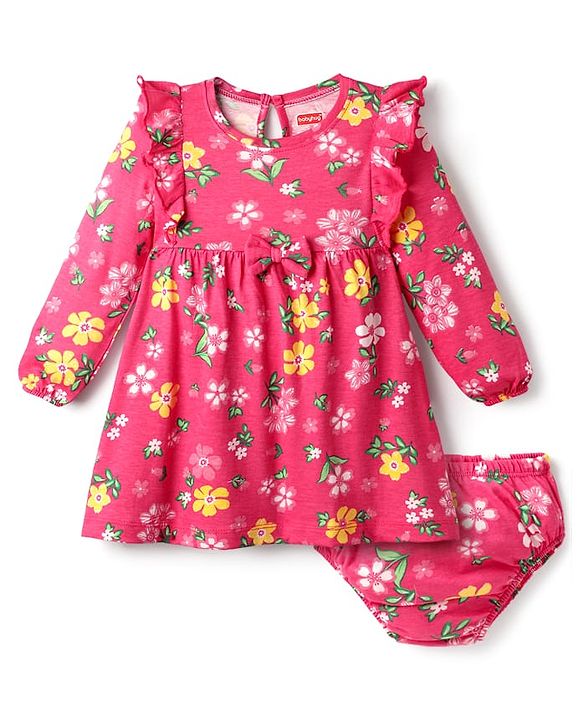 Babyhug Single Jersey Knit Full Sleeves Frock with Bloomer & Floral Print