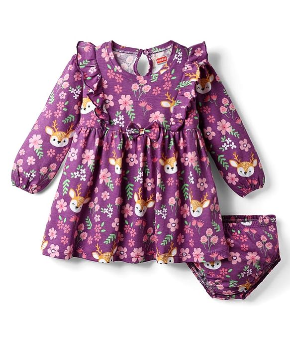 Babyhug Single Jersey Knit Full Sleeves Floral Animal Printed Frock With Bloomer - Purple