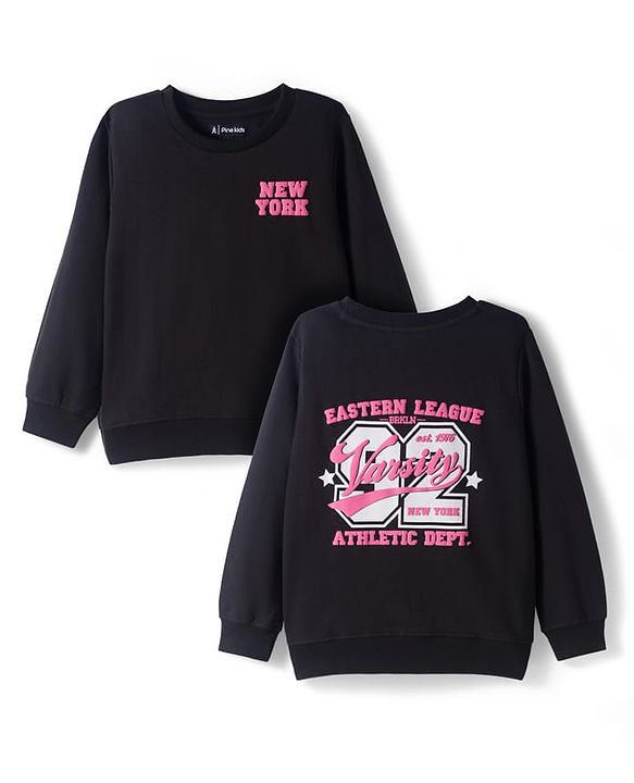 Pine Kids Knit Full Sleeves Sweatshirt with Front & Back Text Graphic - Black