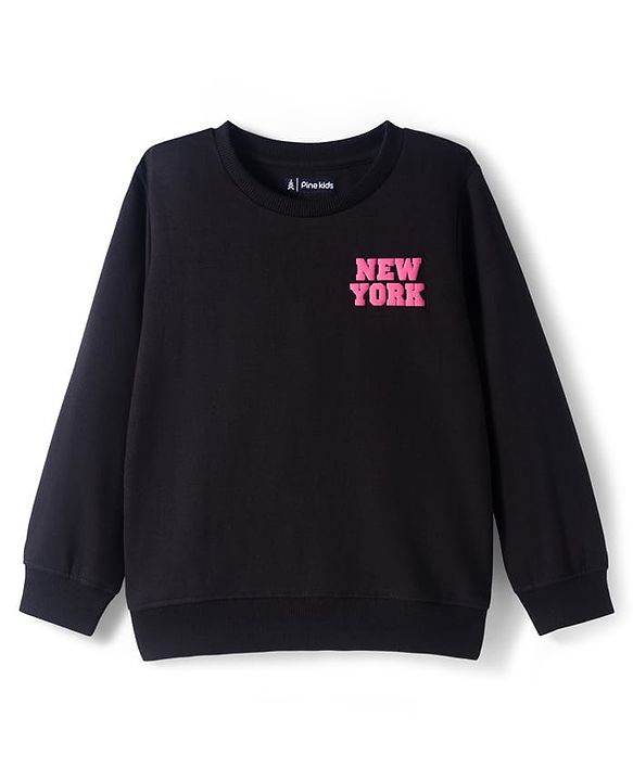 Pine Kids Knit Full Sleeves Sweatshirt with Front & Back Text Graphic - Black