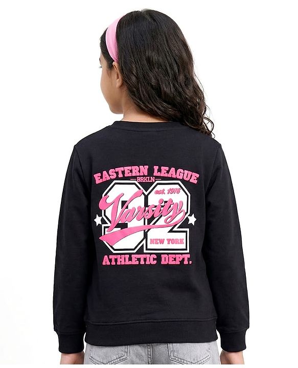 Pine Kids Knit Full Sleeves Sweatshirt with Front & Back Text Graphic - Black